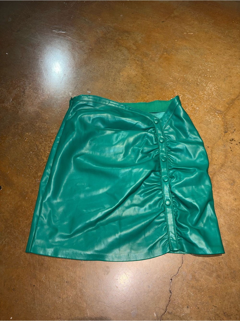 Maniere De Voir Teal Faux Leather Ruched Button Mini Skirt